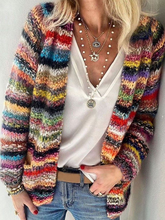 Cardigan Casual Lavorato a Maglia Con Blocchi di Colore